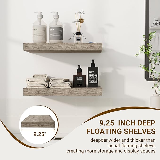 16 Inch Floating Shelves, 3D Textured Wood Grain, 16"x9.25"x1.5" Inch Deep Floating Shelves for Wall, Wooden Shelves for Bathroom, Bedroom, Living Room, Vintage Gray Oak, 2 Pieces