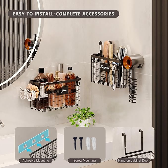 2 Pack Hair Tool Organizer,Adhesive Hair Dryer Holder Cabinet Door/Wall Mounted Adjustable Height Blow Dryer Holder Under Sink Bathroom Hair Appliance Organizer and Storage Countertop(Black)