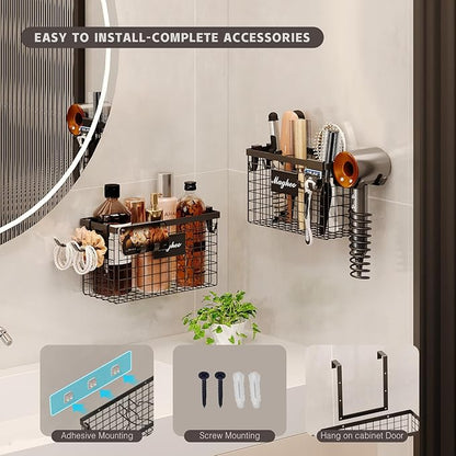 2 Pack Hair Tool Organizer,Adhesive Hair Dryer Holder Cabinet Door/Wall Mounted Adjustable Height Blow Dryer Holder Under Sink Bathroom Hair Appliance Organizer and Storage Countertop(Black)