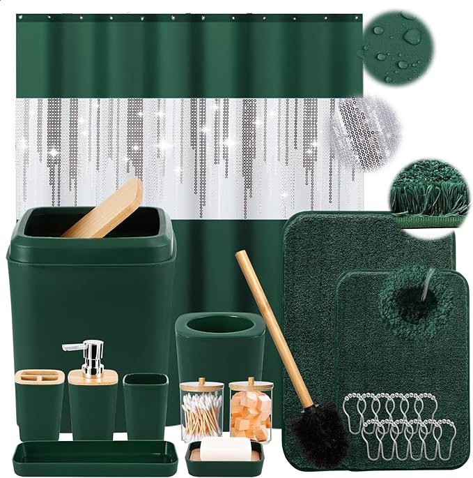 Dark Green Bathroom Sets with Shower Curtain and Rugs,Bathroom Sets Shower Curtain Set with Extra Soft and Absorbent Bathroom Rugs Green Bathroom Accessories