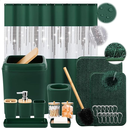 Dark Green Bathroom Sets with Shower Curtain and Rugs,Bathroom Sets Shower Curtain Set with Extra Soft and Absorbent Bathroom Rugs Green Bathroom Accessories