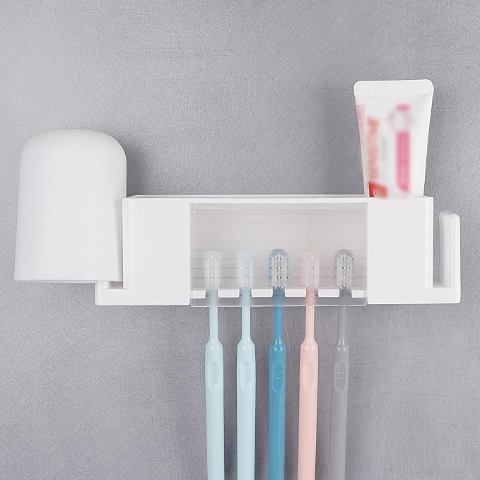 5 Slots Wall Mount Toothbrush Holder with Cover, Self Adhesive Toothbrush Storage Organizer for Shower, Toothpaste & Toothbrush Hanger for Bathroom, Medicine Cabinet, Dorm (White Large)