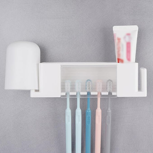 5 Slots Wall Mount Toothbrush Holder with Cover, Self Adhesive Toothbrush Storage Organizer for Shower, Toothpaste & Toothbrush Hanger for Bathroom, Medicine Cabinet, Dorm (White Large)