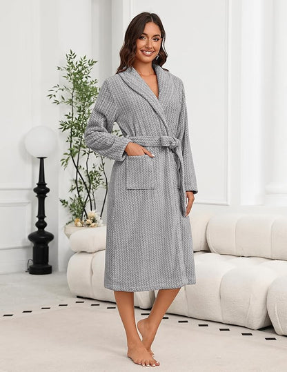 Ekouaer Women's Robe Plush Soft Long Bathrobe Cozy Warm Shawl Collar Spa Robe with Pockets