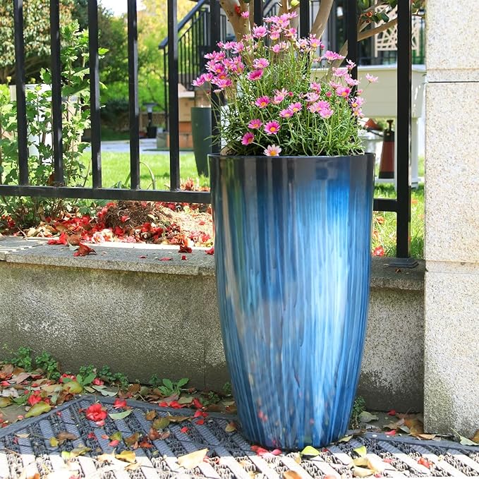 Worth Garden 23.5" H. Large Plastic Planters - Set of 2 Gradient Blue Glossy Smooth Finish - Tall Plant Pots for Indoor & Outdoor Use - Decorative Lightweight Flower Pot for Front Porch, Patio, Deck