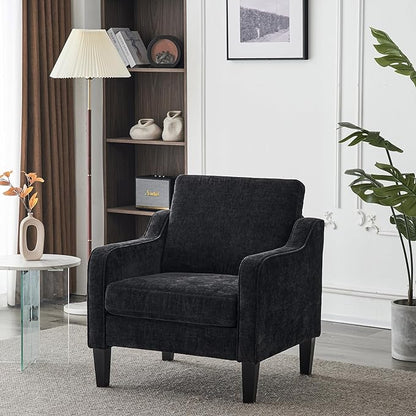 VINGLI Mid Century Modern Accent Chairs, Black Soft Chenille Reading Chair Upholstered Armchair Side Chairs Sofa Couches for Living Room, Bedroom, Apartment