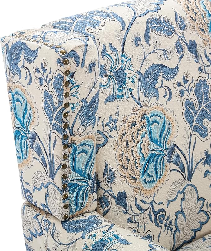 UIXE High Back Floral Accent Chair, Fabric Upholstered Armchair for Living Room, Retro Printed Wingback Arm Chair Nailhead Trim Single Sofa Bedroom Reading Seat - Boho Blue