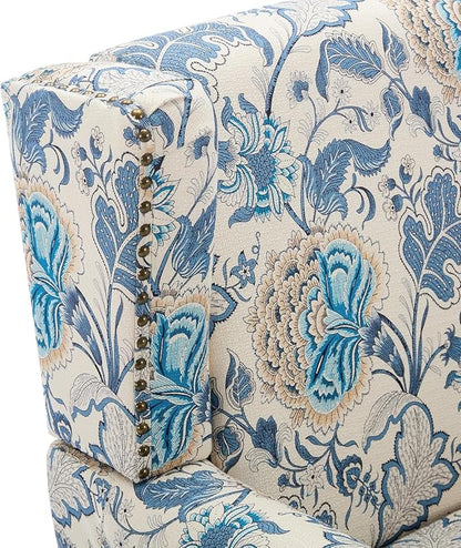 UIXE High Back Floral Accent Chair, Fabric Upholstered Armchair for Living Room, Retro Printed Wingback Arm Chair Nailhead Trim Single Sofa Bedroom Reading Seat - Boho Blue