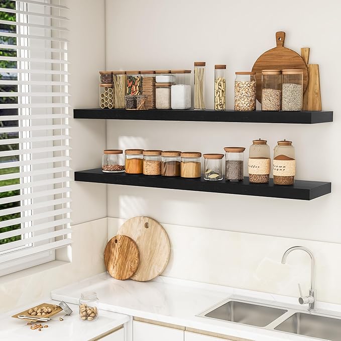 RICHFOCUS 55Inch Floating Shelves for Wall 2 Pack Shelves for Bedroom|Kitchen|Bathroom Wall Mounted Rustic Wood Floating Shelf with Invisible Brackets for Books|Storage|Decor, Black