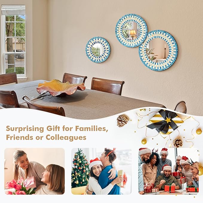 TEIPAI Handmade Mother of Pearl Mirror for Wall Decor, 3PCS Round Decorative Mirrors for Beach Nautical Home Hotel Coffee Shop, Natural Plate Art Hanging Sculpture for Dorm Apartment Entryway (Blue)