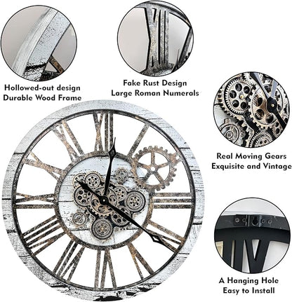The B-Style Large Real Moving Gears Wall Clock 30 inch Rustic Retro Industrial Farmhouse Wood Clock Oversized Decorative Vintage Wall Clocks for Living Room (Silver Gray)