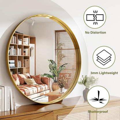 36 Inch Round Bathroom Mirror - Wall Mounted Circle Mirror with Metal Frame, Modern Mirror Suitable for Bathroom, Vanity, Entryway, Living Room, Wall Decor,Gold