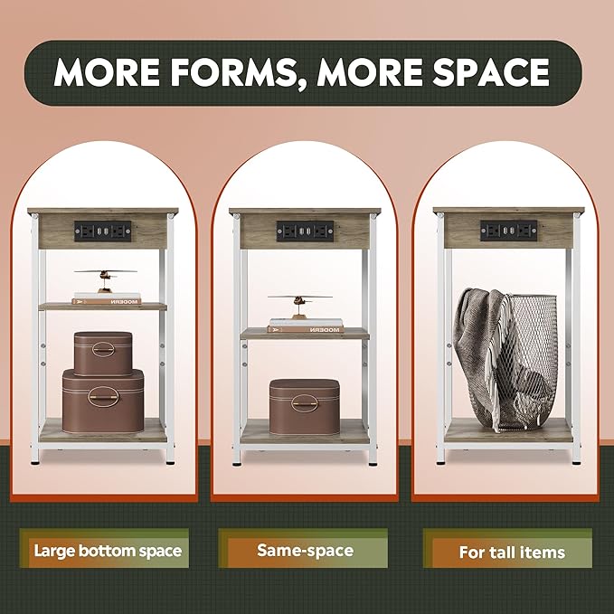 WLIVE Side Table with Charging Station and USB Ports, Small End Tables for Small Spaces, 3-Tier Nightstand with Adjustable Shelf, Bedside Tables, Living Room, Bedroom, Greige