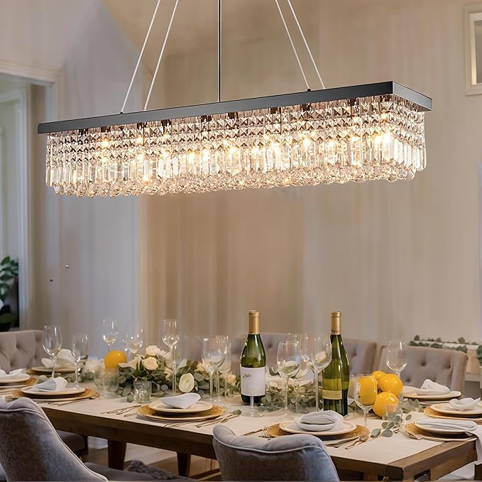 Rectangular Black Crystal Chandelier,10 Light Crystal Chandeliers for Dining Room, Rectangle Light Fixture for Kitchen Island L47''xW10''x H10''