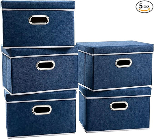 PRANDOM Foldable Storage Bin with Lid [5-Pack] Linen Fabric Decorative Storage Box Organizer Container Basket Cube with Handles Divider for Closet Office Living Room Royal Blue(14.9x9.8x9.8)