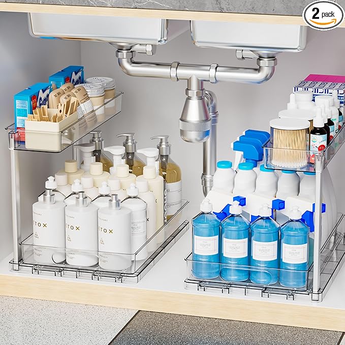 Yieach 2 Pack Kitchen Sink Organizer Under Cabinet,14.5 Inch Deep Clear Under Sink Storage Rack for Bathroom,Apartments and Small Space,Two Tier Pull Out Vanity Cabinet Organizer & Undersink Storage