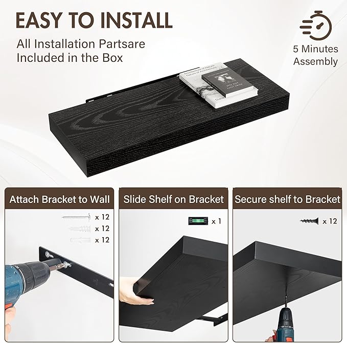 30 Inch Floating Shelves, 12" Deep Floating Shelf Wall Mounted, 30" Wall Shelves, Rustic Deep Bookshelf, Extra Deeper & Thicker Display Shelves for Bedroom, Living Room, Black, Set of 2