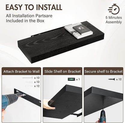 30 Inch Floating Shelves, 12" Deep Floating Shelf Wall Mounted, 30" Wall Shelves, Rustic Deep Bookshelf, Extra Deeper & Thicker Display Shelves for Bedroom, Living Room, Black, Set of 2