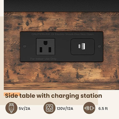 End Table with Charging Station, Flip Top Side Table with USB Ports and Outlets, 3-Tier Small Side Table with Storage for Small Space, End Tables for Living Room/Bedroom, Brown
