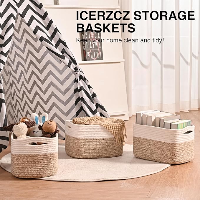 Storage Baskets for Shelves, Woven Storage Basket, Bins for Cube Storage, Cotton Rope Basket with Handles for Toy, Book, and Clothes Living Room, (4 Packs) Off White & Brown