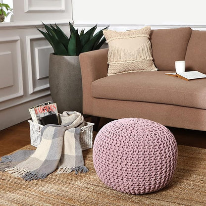 REDEARTH Round Pouf Ottoman - Hand Knitted Boho Poof Home Décor Pouffe Circular Footrest for Living Room - Bedroom - Lounge - 100% Cotton (19.5"x19.5"x14") - Pale Pink