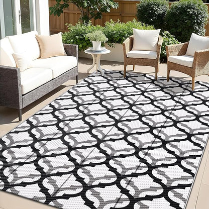 OLANLY Reversible Outdoor Rug 5x8 ft Clearance, Waterproof Outdoor Plastic Straw Rug with Interlacing Pattern, RV Mat for Patio, Camping, Balcony, Deck, Backyard, Black & White
