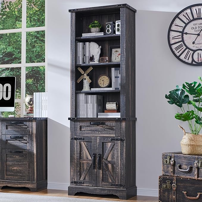 OKD 72'' Tall Bookshelf with Storage, Farmhouse 4 Tier Bookcase w/Barn Door, Adjustable Shelves and Drawers, Rustic Wooden Office Bookshelves for Home Bedroom, Living Room, Library (Dark Rustic Oak)