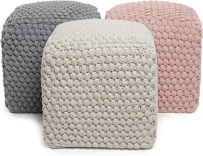 BIRDROCK HOME Bud Pouf Foot Stool Ottoman - Knit Bean Bag Floor Chair - Cotton Braided Cord - Great for The Living Room, Bedroom and Kids Room - Small Furniture