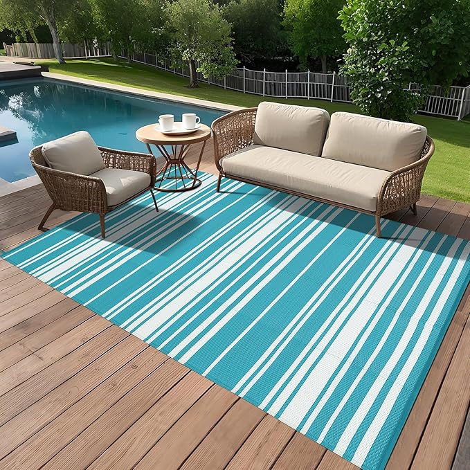 Waterproof Outdoor Rug 8x10 Contemporary Reversible Plastic Straw Rug, Easy Cleaning Striped Patio Carpet, UV-Resistant Indoor Outdoor Floor Cover for RV, Porch, Deck, Backyard, Light Blue
