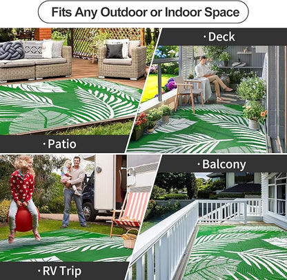 Waterproof Outdoor Rug 8x10ft, Green Leaf Reversible Plastic Straw Mat for Patio RV Deck Porch Backyard Balcony Camping Picnic Beach Indoor Outdoor Carpet, Green&White