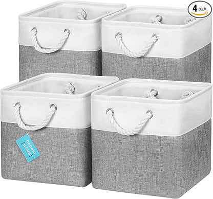 OrganiHaus 11x11 Cube Storage Bins 4 Pack, Foldable Cube Storage Organizer w/ Rope Handles, Collapsible Fabric Bins for Toys, Clothes & Closet Organization, Fabric Square Baskets - Gray/White