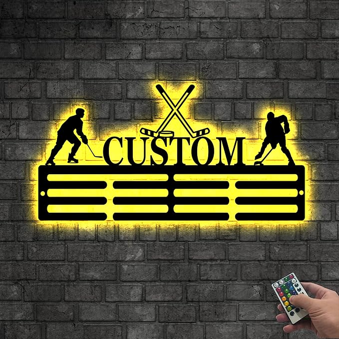 Personalized Hockey Medal Hanger Display - Custom Hockey Neon Sign, Led Light Up Sign, Medal Holder For Wall, Hockey Decor for Boys, Man Cave, Players, Coaches, Teen Gift