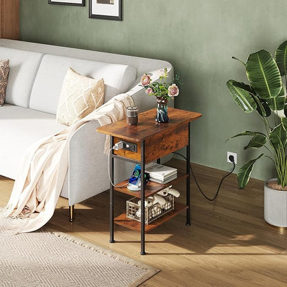 WLIVE End Table with Charging Station, Flip Top Side Table with Storage Shelf, Sofa Couch Table with USB Ports and Outlets, Narrow Bedside Table for Living Room, Bedroom Nightstand, Rustic Brown