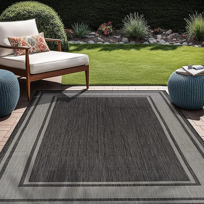 Beverly Rug Outdoor Rug 5x7 Modern Bordered Area Rugs for Indoor and Outdoor Patio Deck Porch Garden Waterproof Weather Sun Resistant Washable Outside Carpet (5 x 7 Dark Gray)
