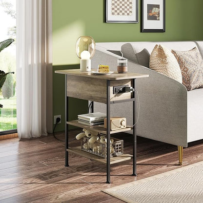 WLIVE End Table with Charging Station, Flip Top Side Table with Storage Shelf, Sofa Couch Table with USB Ports and Outlets, Narrow Bedside Table for Living Room, Bedroom Nightstand, Greige