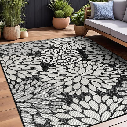 Beverly Rug Outdoor Rug 10x14 Modern Exotic Tropical Leaf Area Rugs for Indoor and Outdoor Patio Deck Porch Garden Water Resistant Washable Outside Carpet (10 x 14 Dark Gray)
