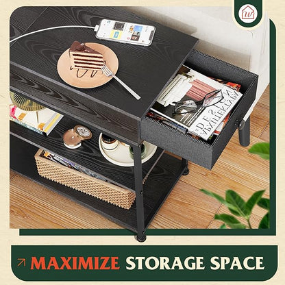 WLIVE Narrow Side Table with 2 USB Ports and 2 Outlets, Flip Top End Table with Drawer and Storage Shelves, End Stand with Charging Station for Living Room, Bedroom, Small Spaces,Black