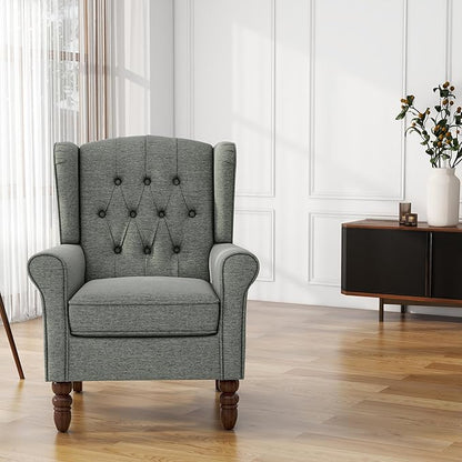 UIXE High Back Accent Chair, Fabric Upholstered Armchair for Living Room, Retro Wingback Arm Chair Comfy Single Sofa Bedroom Reading Seat with Solid Wooden Legs - Gray