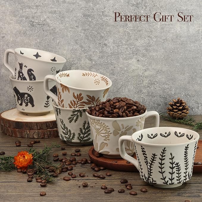 Ceramic Coffee Mug, 12 oz Novelty Unique Teacup with Large Handle, Stoneware Cup for Tea Mocha Latte Cappuccino Espresso (Ivy)