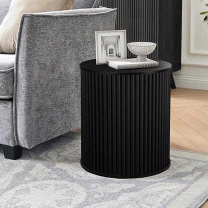 AVZEAR Fluted Round Side Table with Storage, Small Mid Century End Table Fluted Nightstands, Modern Circle Bedside Tables Wood Night Stand for Small Spaces, Living Room, Bedroom (Black)
