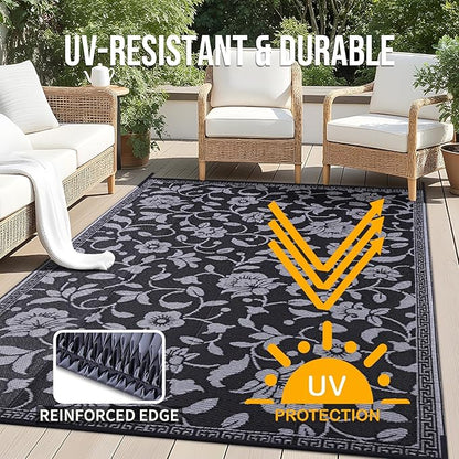 OLANLY Waterproof Outdoor Rug 9x12 ft, Outdoor Plastic Straw Rug with Flower Pattern, Reversible RV Mat for Patio, Camping, Balcony, Deck, Backyard, Black & Grey