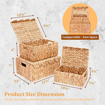 Set of 3 Scalloped Edge Wicker Basket with Lid, Rectangle Wicker Storage Basket with Built-in Handles, Multipurpose Organizer Rattan Display Boxes for Shelf, Nursery Room