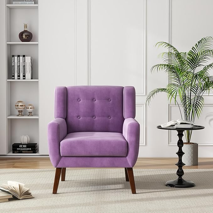 UIXE Accent Chairs Set of 2, Modern Upholstered Arm Chair, Mid-Century Club Armchair Comfy Single Lounge Sofa, Button Tufted Living Room Reading Side Seating for Bedroom Office, Velvet-Purple