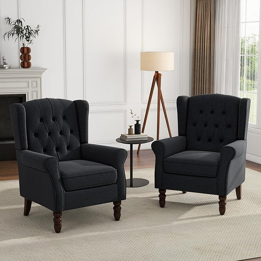 UIXE High Back Accent Chairs Set of 2, Upholstered Armchair in Fabric, Retro Wingback Arm Chair for Living Room, Comfy Single Sofa Bedroom Reading Seat with Solid Wood Legs - Black Blue