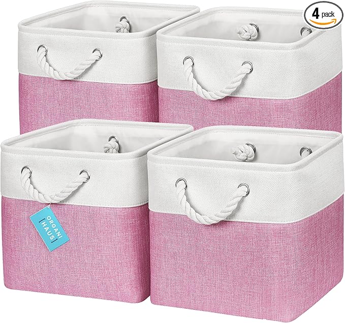 OrganiHaus 11x11 Cube Storage Bins 4 Pack, Foldable Cube Storage Organizer w/ Rope Handles, Collapsible Fabric Bins for Toys, Clothes & Closet Organization, Fabric Square Baskets - Pink/White