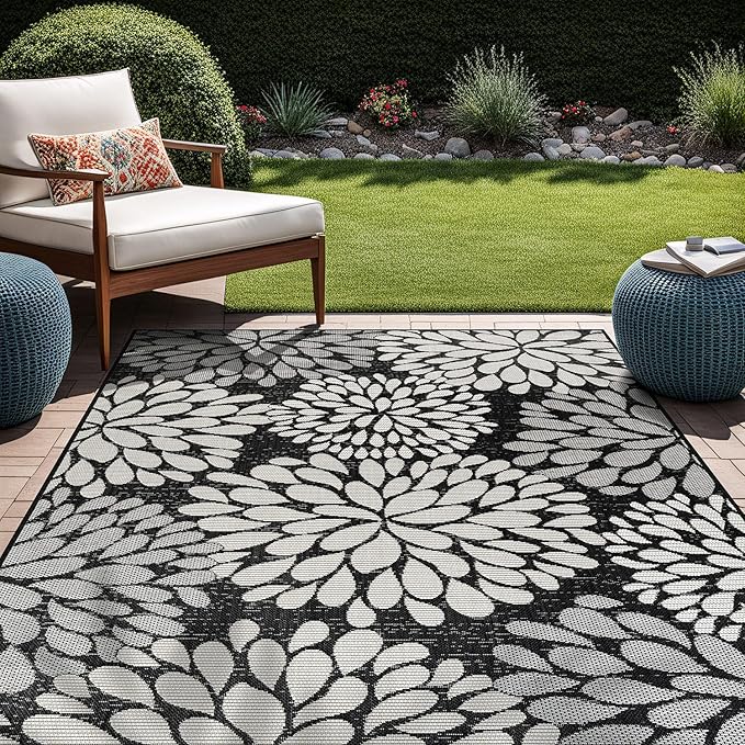 Beverly Rug Outdoor Rug 6x9 Modern Exotic Tropical Leaf Area Rugs for Indoor and Outdoor Patio Deck Porch Garden Water Resistant Washable Outside Carpet (6 x 9 Dark Gray)
