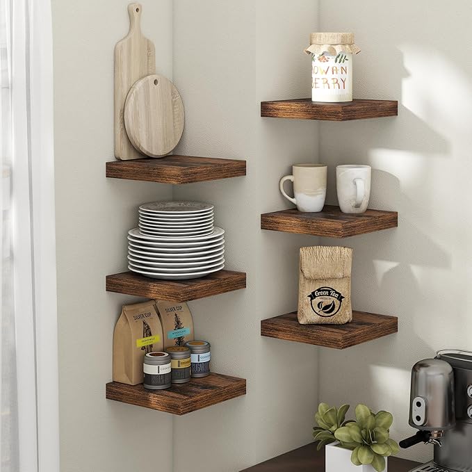 8 Inch Square Floating Shelves for Wall 3 Pack, 8"D Wood Grain Bathroom Shelves with Invisible Brackets, Easy Install Engineered Wood Storage Shelves for Kitchen, Living Room, Rustic Brown Finish