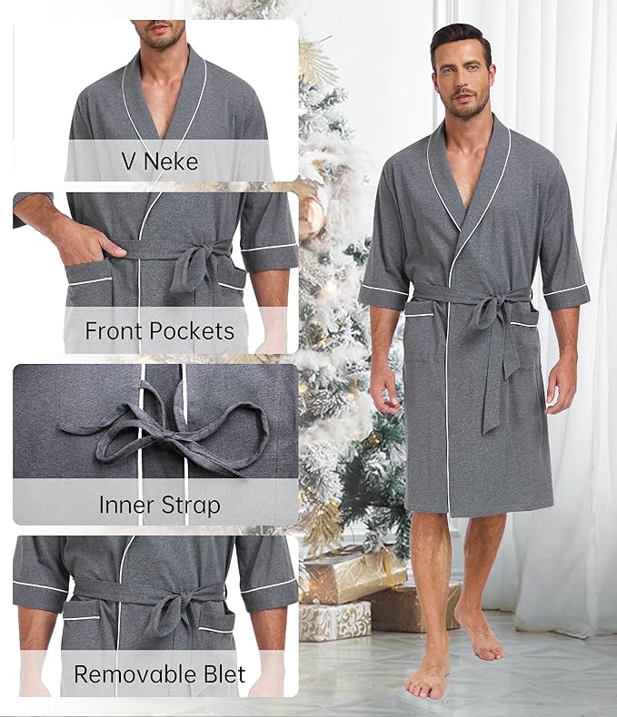 COLORFULLEAF Men's Bathrobes 100% Cotton Soft Comfort Breathable Short Sleeve Summer Kimono Mens Lightweight Robe
