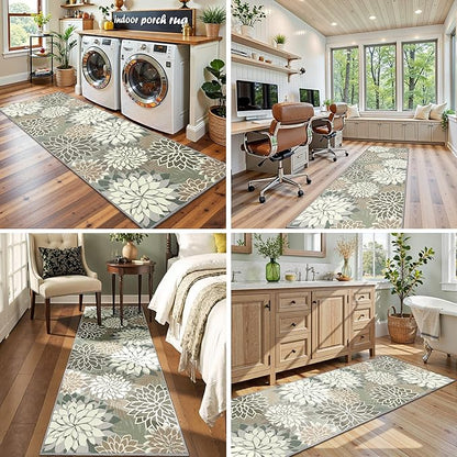 Area Rug 2x6 Brown White Washable Entry Rug Multicolored Tropical Botanical Modern Floral Indoor Kitchen Door Mat Entrance Carpet Non Slip for Bedroom Living Room, Porch