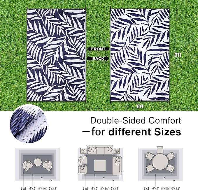 OLANLY Waterproof Outdoor Rug 6x9 ft, Reversible Outdoor Plastic Straw Rug with Leaf Pattern, RV Mat, Indoor Outdoor Carpet for Patio, Camping, Balcony, Deck, Backyard, Navy & White
